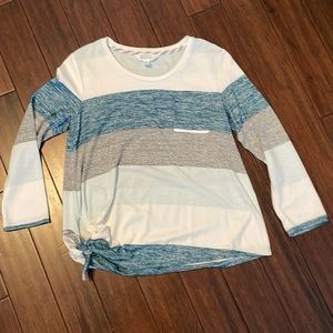 White blue and gray side tie top